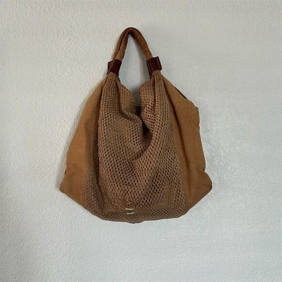 49 Square Miles Nubuck Leather Slouchy Hobo Shoulder Bag Perforated Tan Tote - Picture 8 of 14